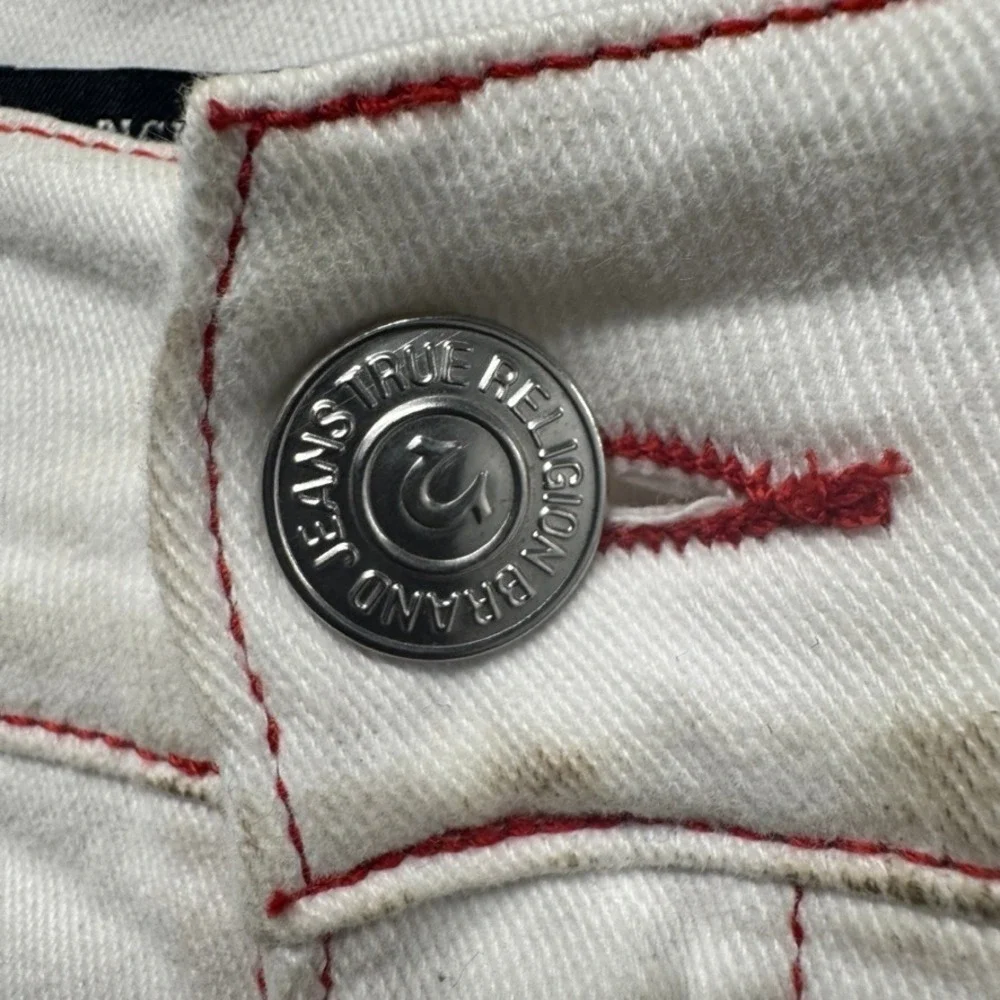 True Religion Ricky Relaxed Straight White Red Stitch Jeans Mens 38 x 27
